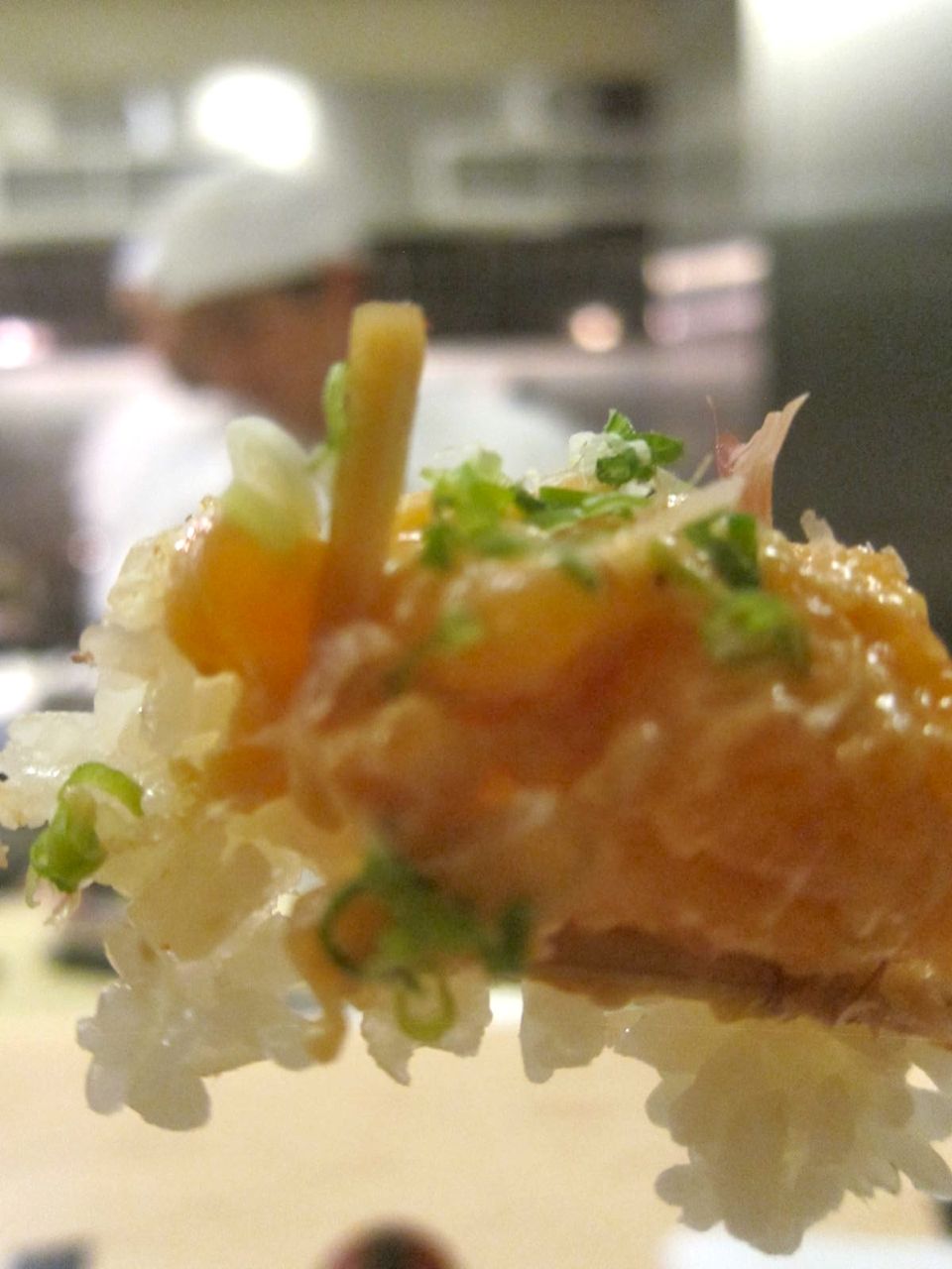 Delicious Funk: salmon tartare on crisped rice under bonito wiggles.