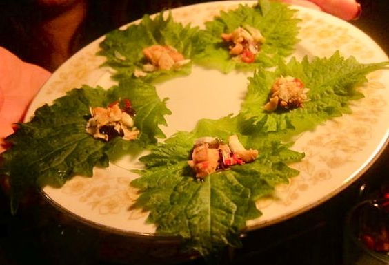 Perilla leaf aka shiso with toasted shrimp and coconut in sticky caramel with an afterkick.
